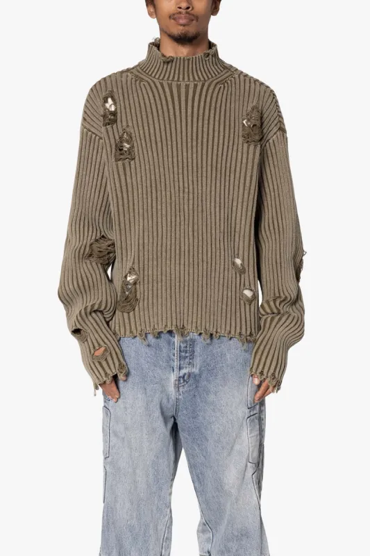 Distressed Crop Knit Sweater - Olive sold by MNML