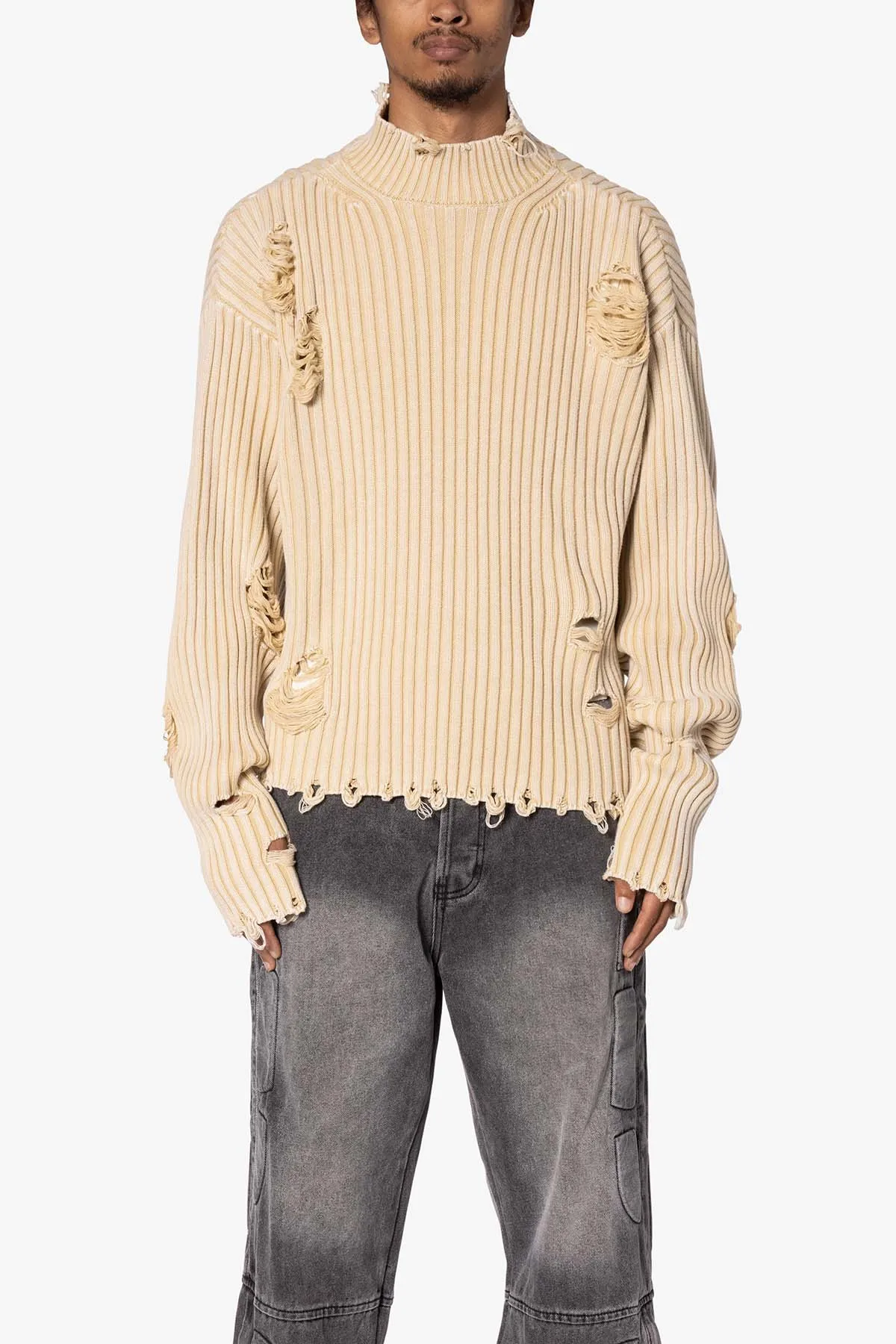 Distressed Crop Knit Sweater - Khaki sold by MNML product image thumbnail 2