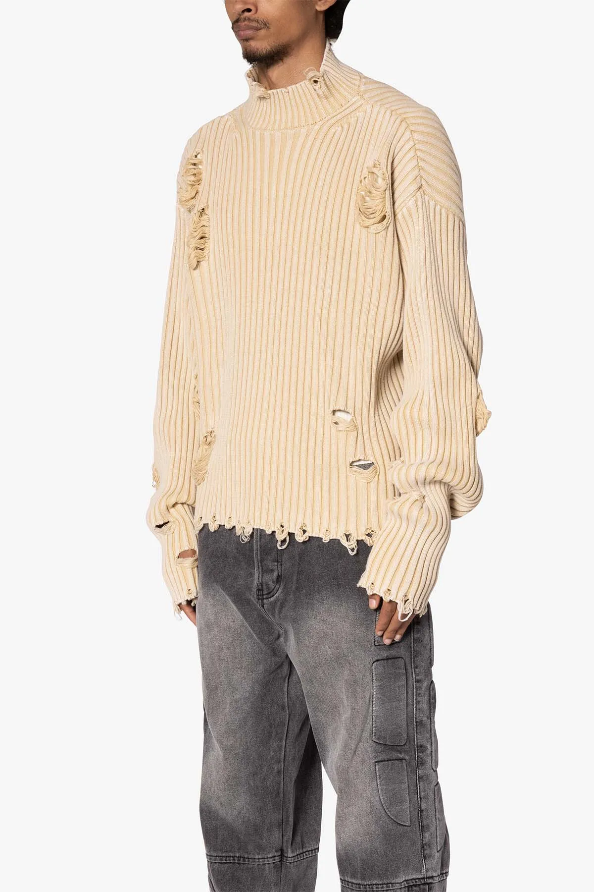 Distressed Crop Knit Sweater - Khaki sold by MNML product image thumbnail 3