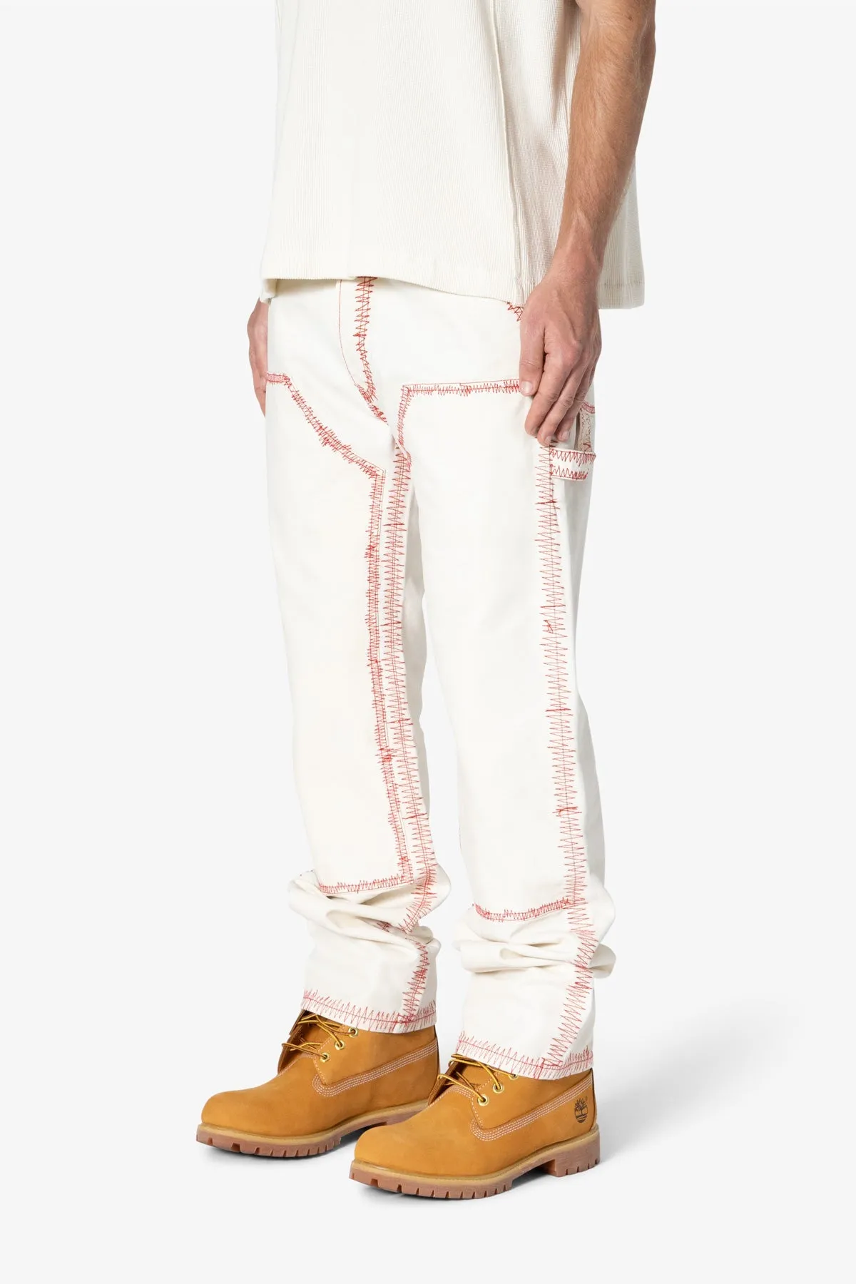 V711 Zig Zag Stitch Baggy Denim - White/Red sold by MNML product image thumbnail 3