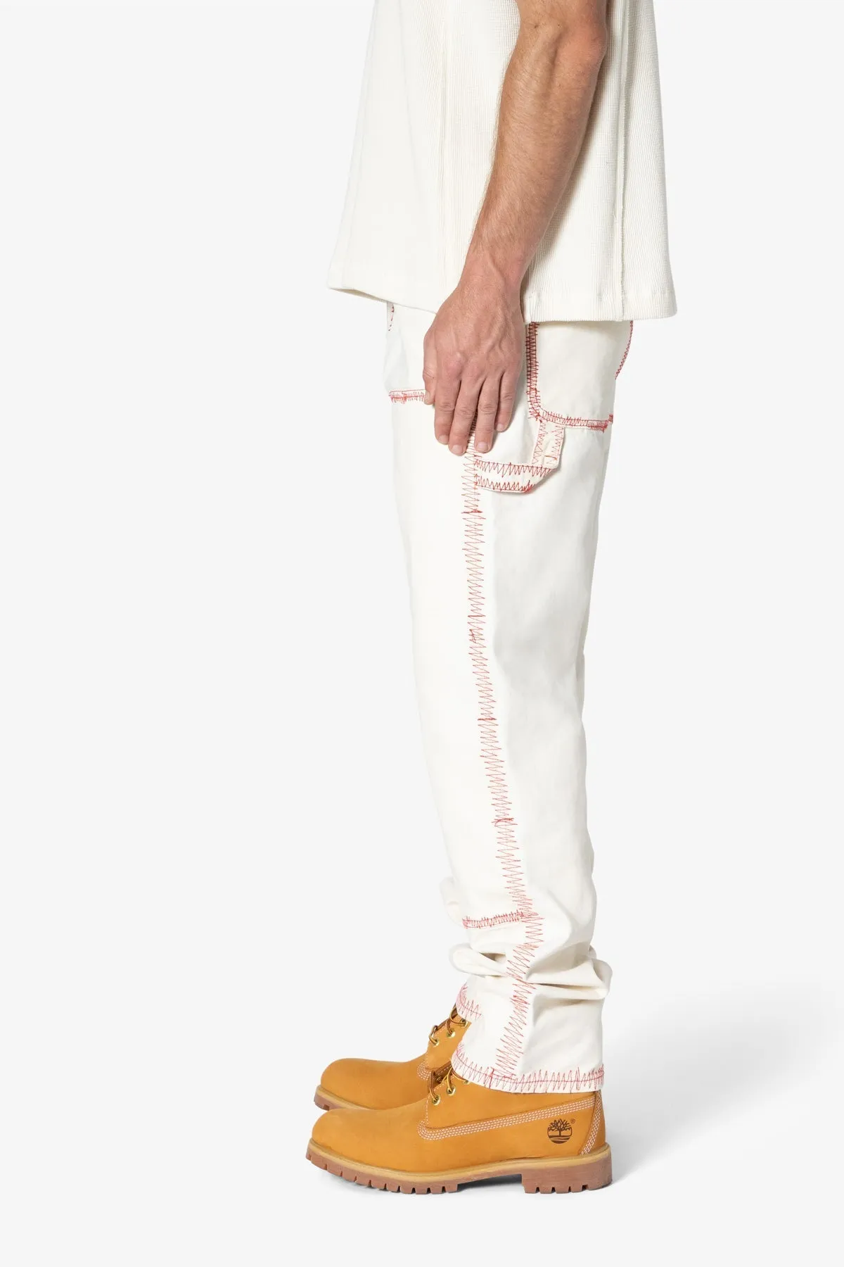 V711 Zig Zag Stitch Baggy Denim - White/Red sold by MNML product image thumbnail 4