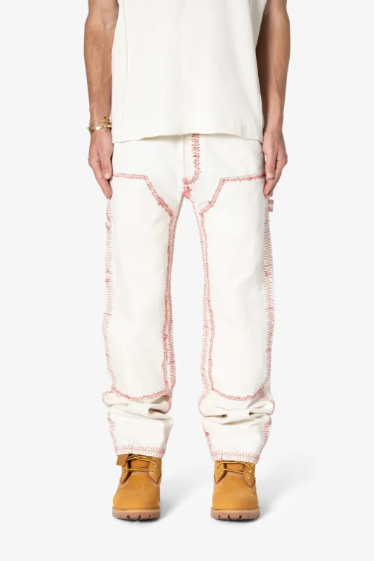 V711 Zig Zag Stitch Baggy Denim - White/Red made by MNML