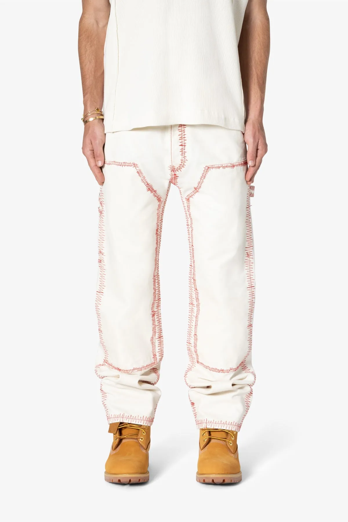 V711 Zig Zag Stitch Baggy Denim - White/Red sold by MNML