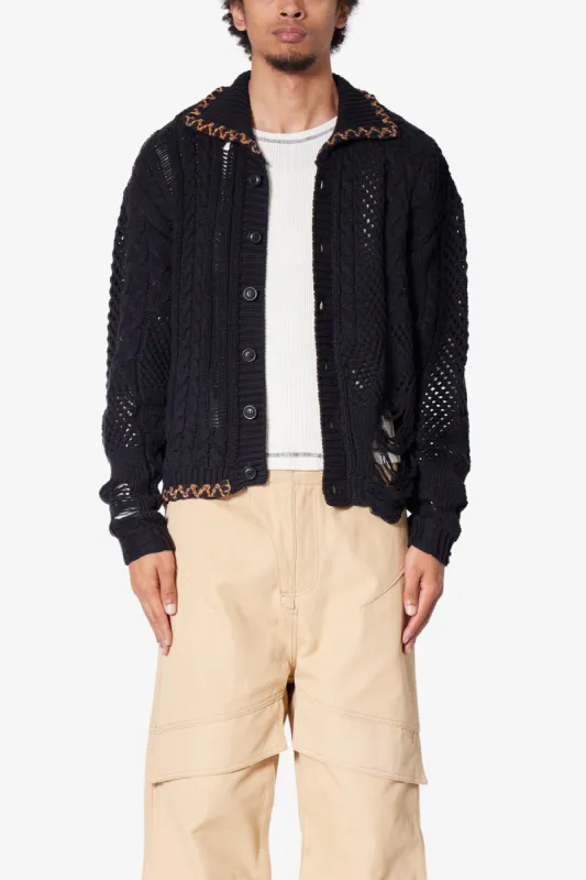 Chunky Distressed Cardigan Sweater - Black sold by MNML