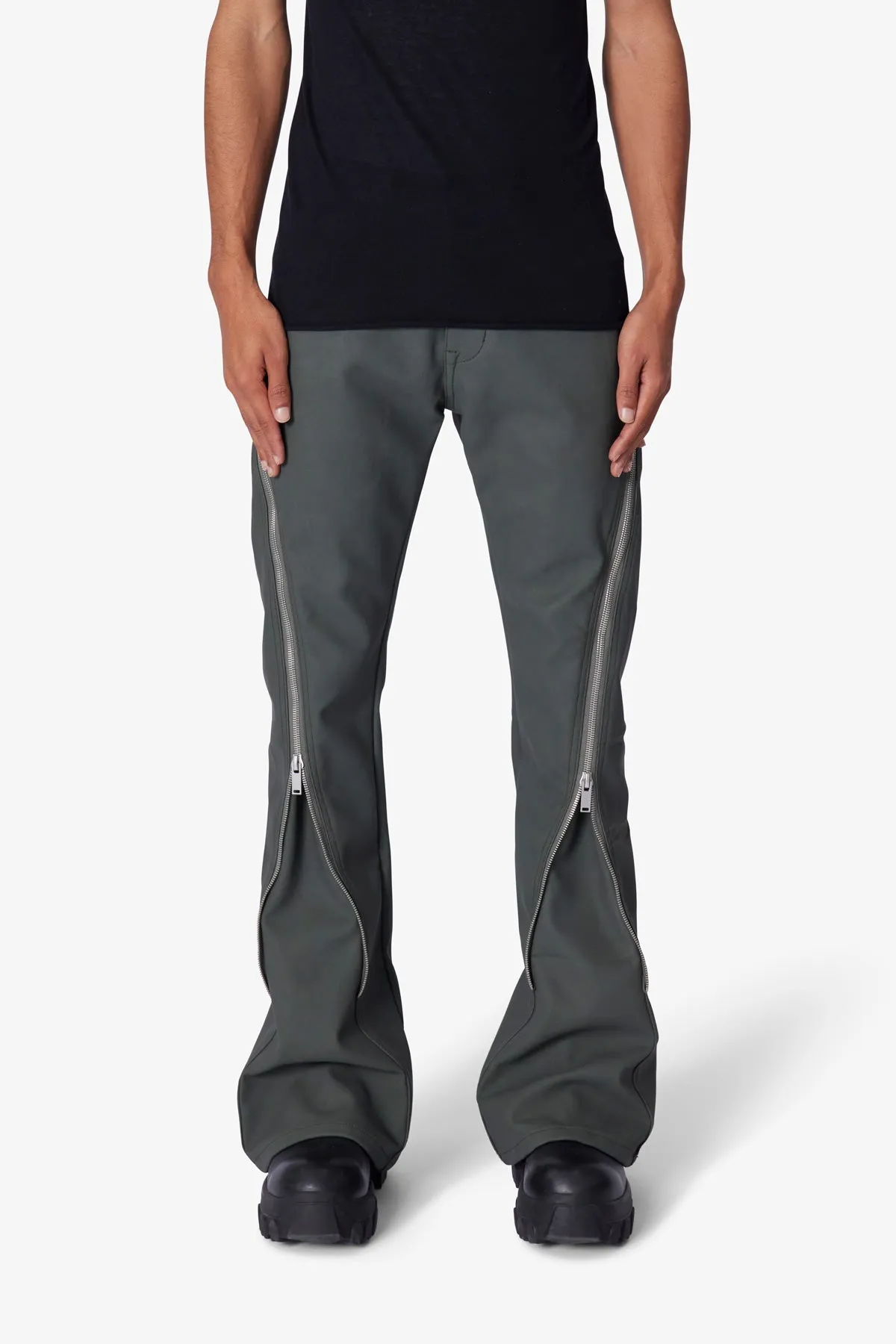 D519 Leather Zipper Flare Pants - Charcoal Grey sold by MNML