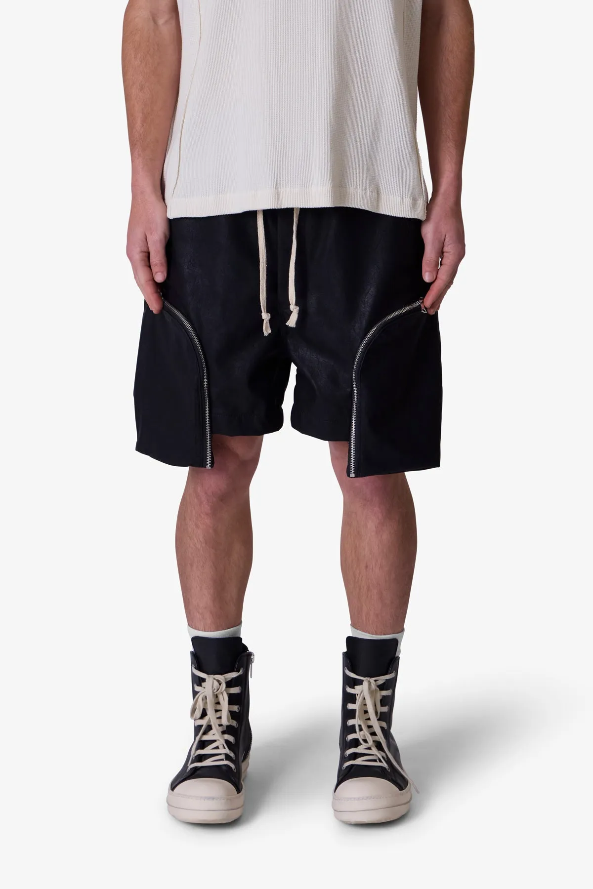 Leather Pocket Geo Shorts - Black sold by MNML