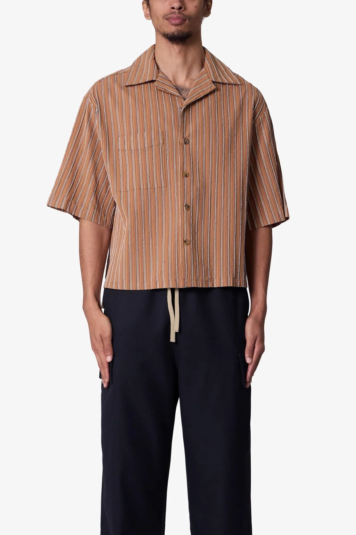 Striped Woven Cropped Shirt - Brown sold by MNML product image thumbnail 2
