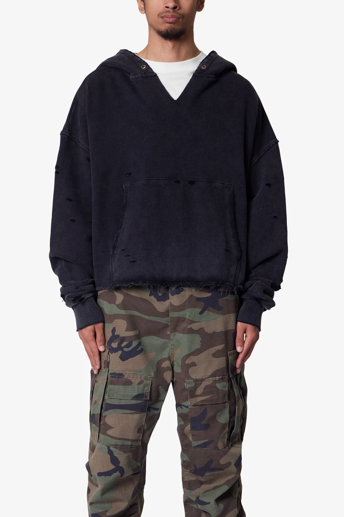 Destroyed V Neck Hoodie - Washed Black sold by MNML product image thumbnail 2