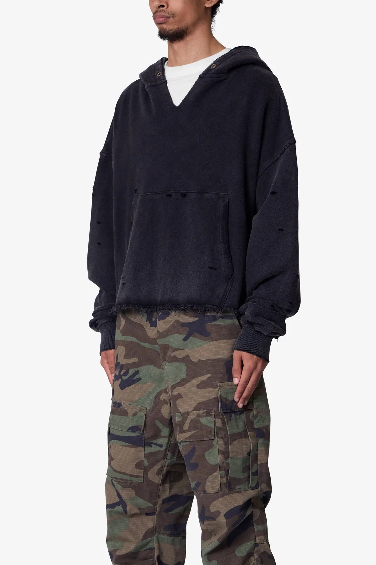 Destroyed V Neck Hoodie - Washed Black sold by MNML product image thumbnail 3