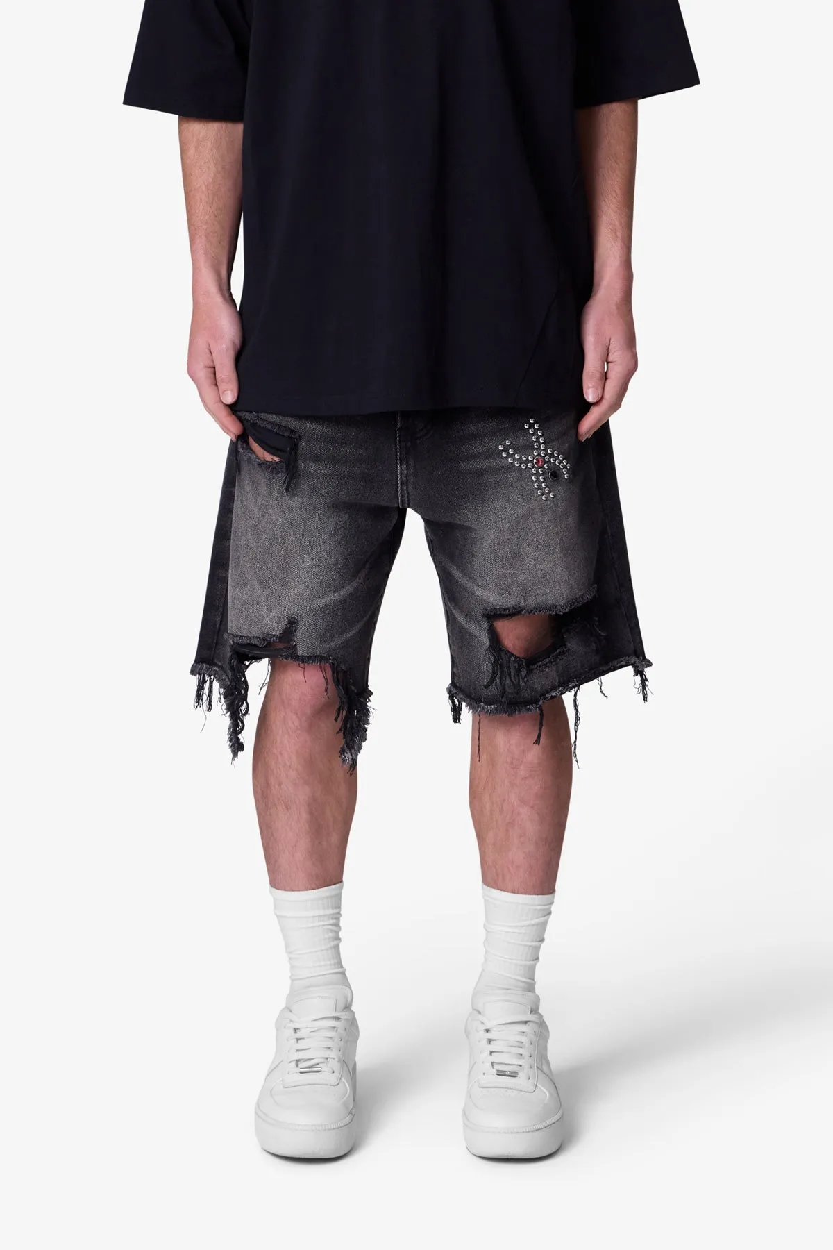 Distressed Spider Denim Shorts - Washed Black sold by MNML