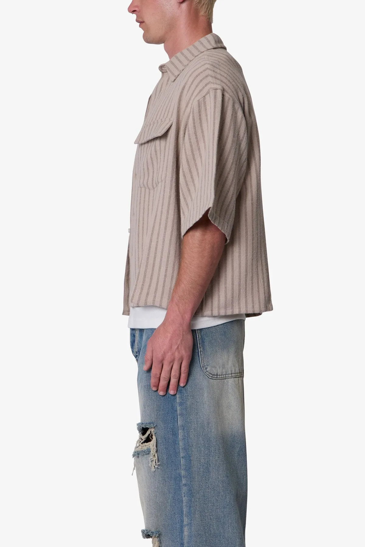 Cropped Boxy Striped S/S Shirt - Khaki sold by MNML product image thumbnail 4