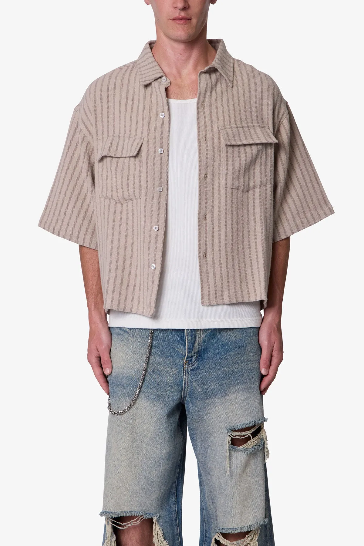 Cropped Boxy Striped S/S Shirt - Khaki sold by MNML product image thumbnail 2