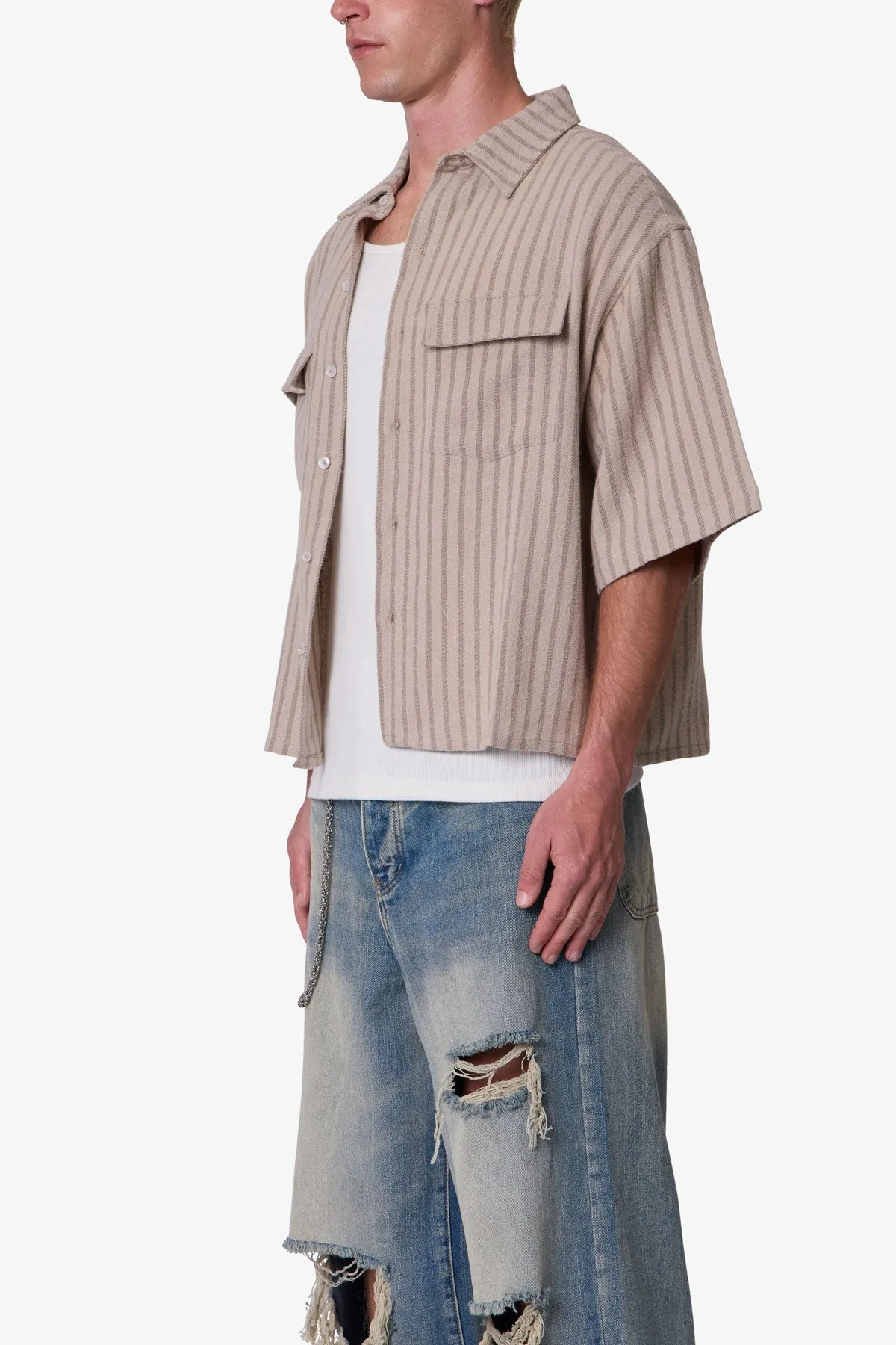 Cropped Boxy Striped S/S Shirt - Khaki sold by MNML product image thumbnail 3