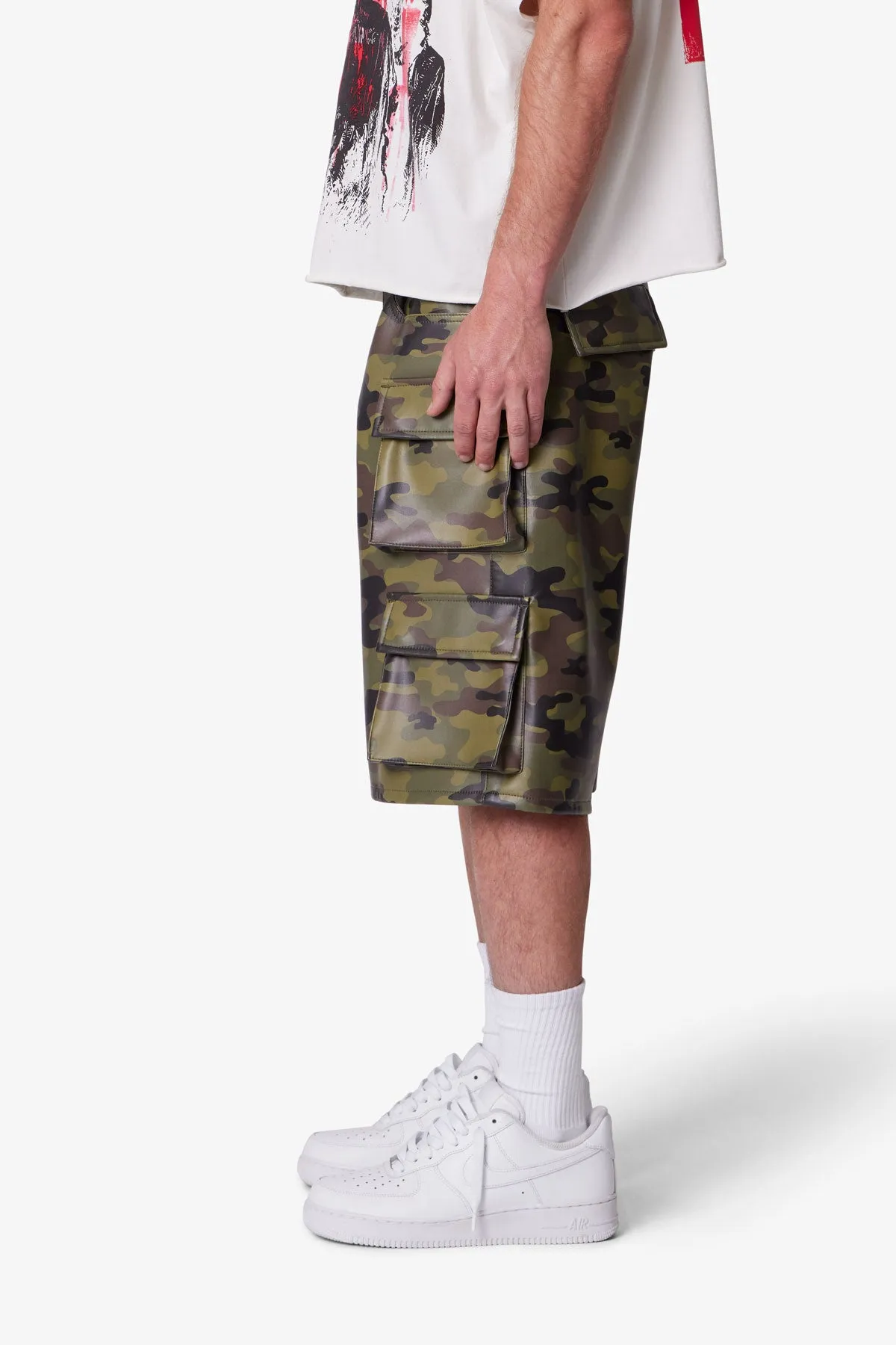 Baggy Leather Cargo Shorts - Camo sold by MNML product image thumbnail 4