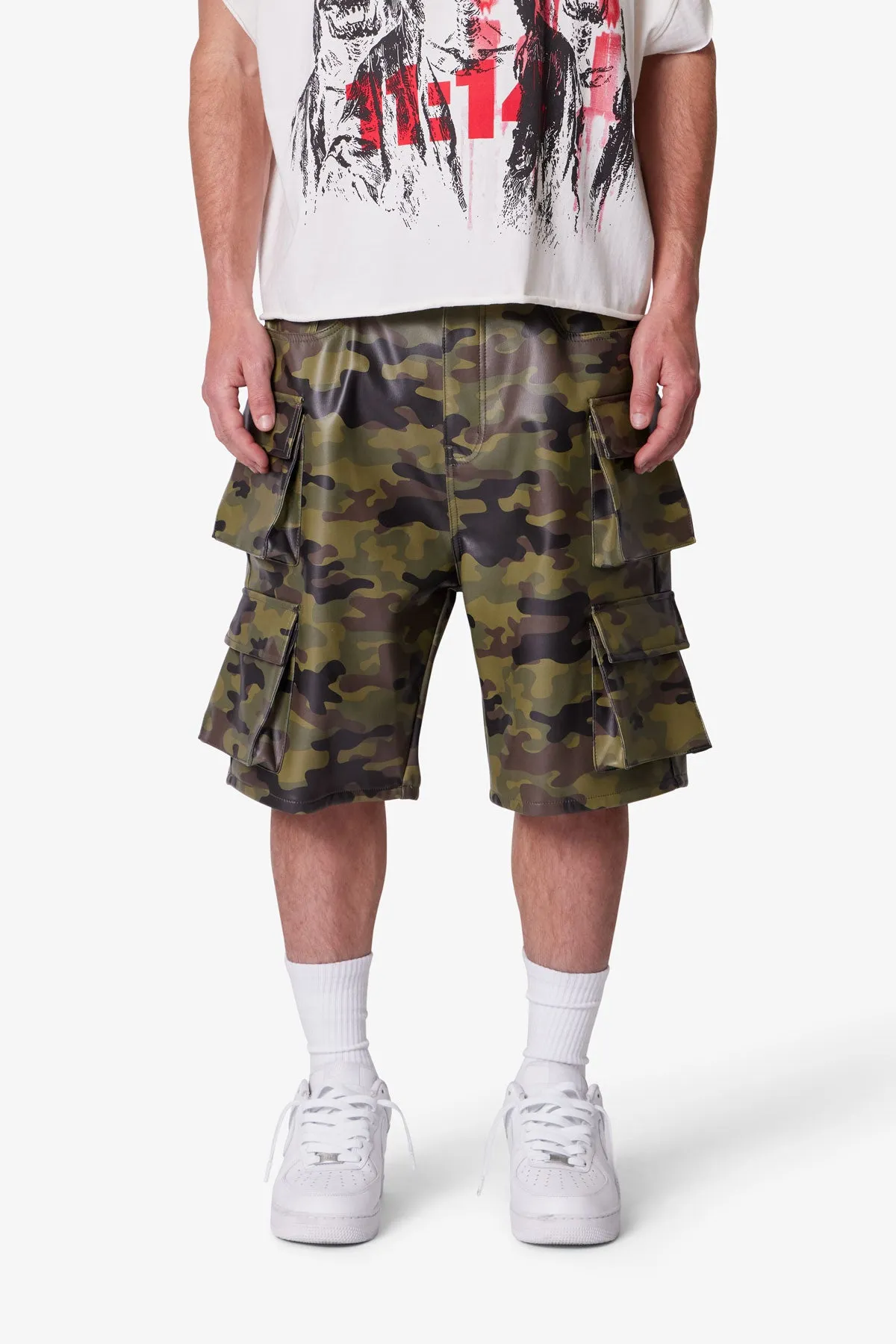 Baggy Leather Cargo Shorts - Camo sold by MNML