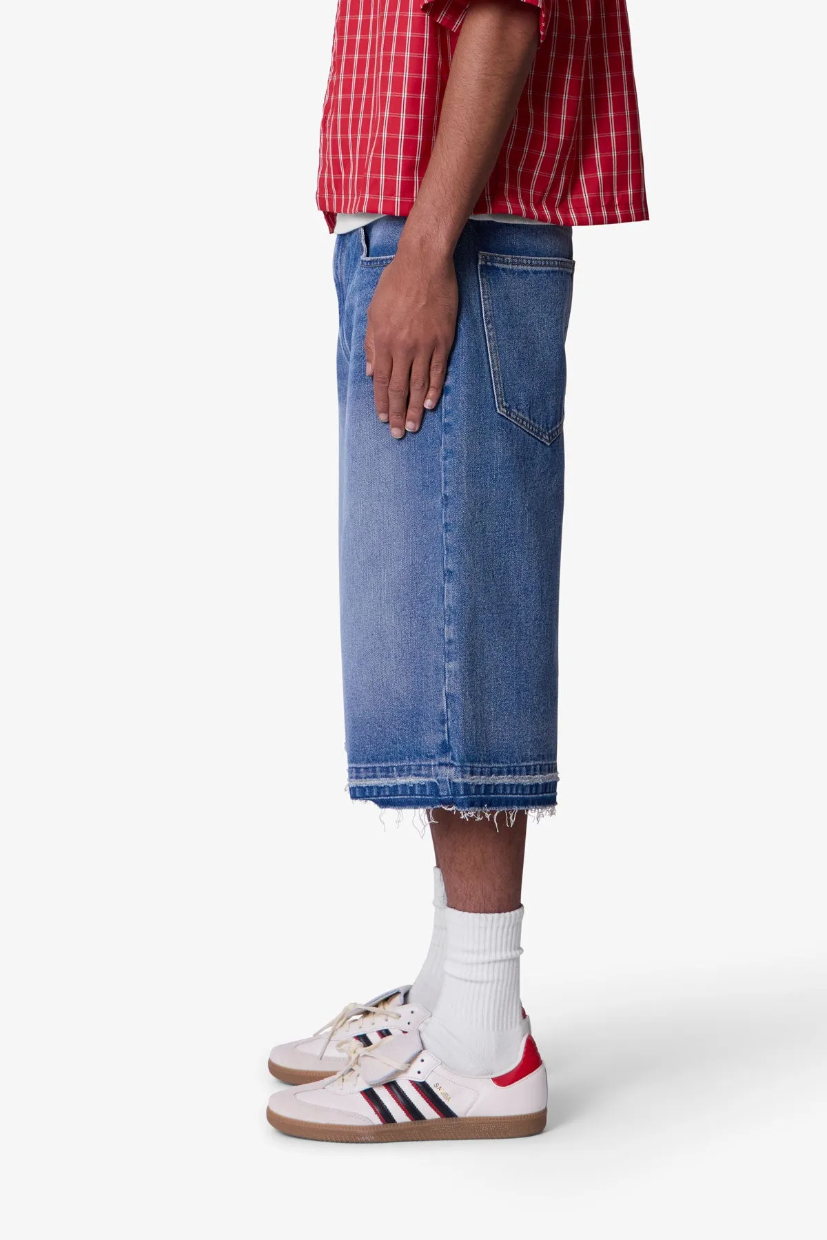 Ultra Baggy Raw Hem Denim Shorts - Washed Blue sold by MNML product image thumbnail 4