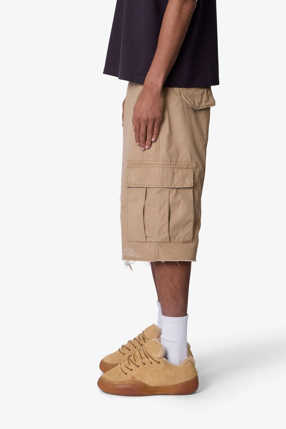 Baggy Distressed Cargo Shorts - Washed Khaki sold by MNML product image thumbnail 4
