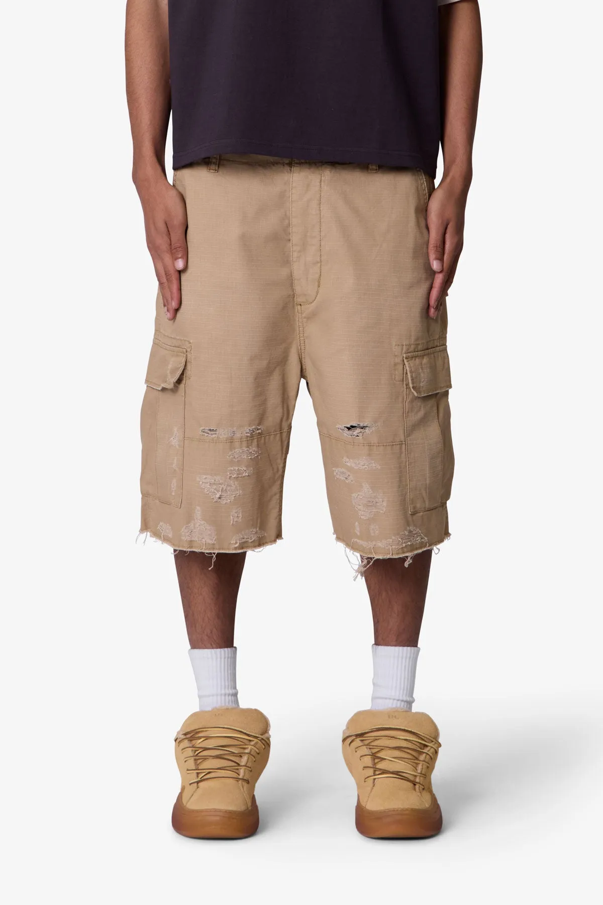 Baggy Distressed Cargo Shorts - Washed Khaki sold by MNML