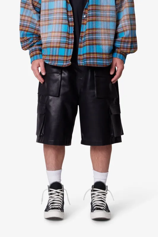 Baggy Leather Cargo Shorts - Black sold by MNML