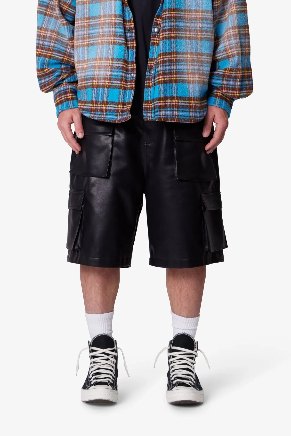 Baggy Leather Cargo Shorts - Black sold by MNML