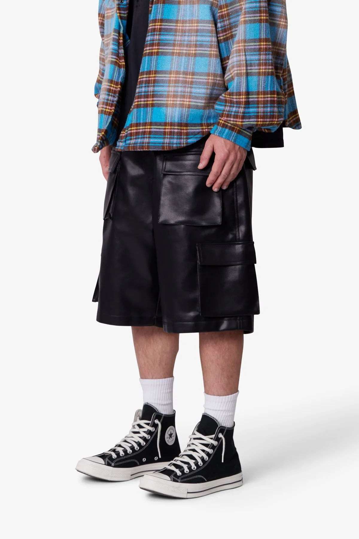 Baggy Leather Cargo Shorts - Black sold by MNML product image thumbnail 3