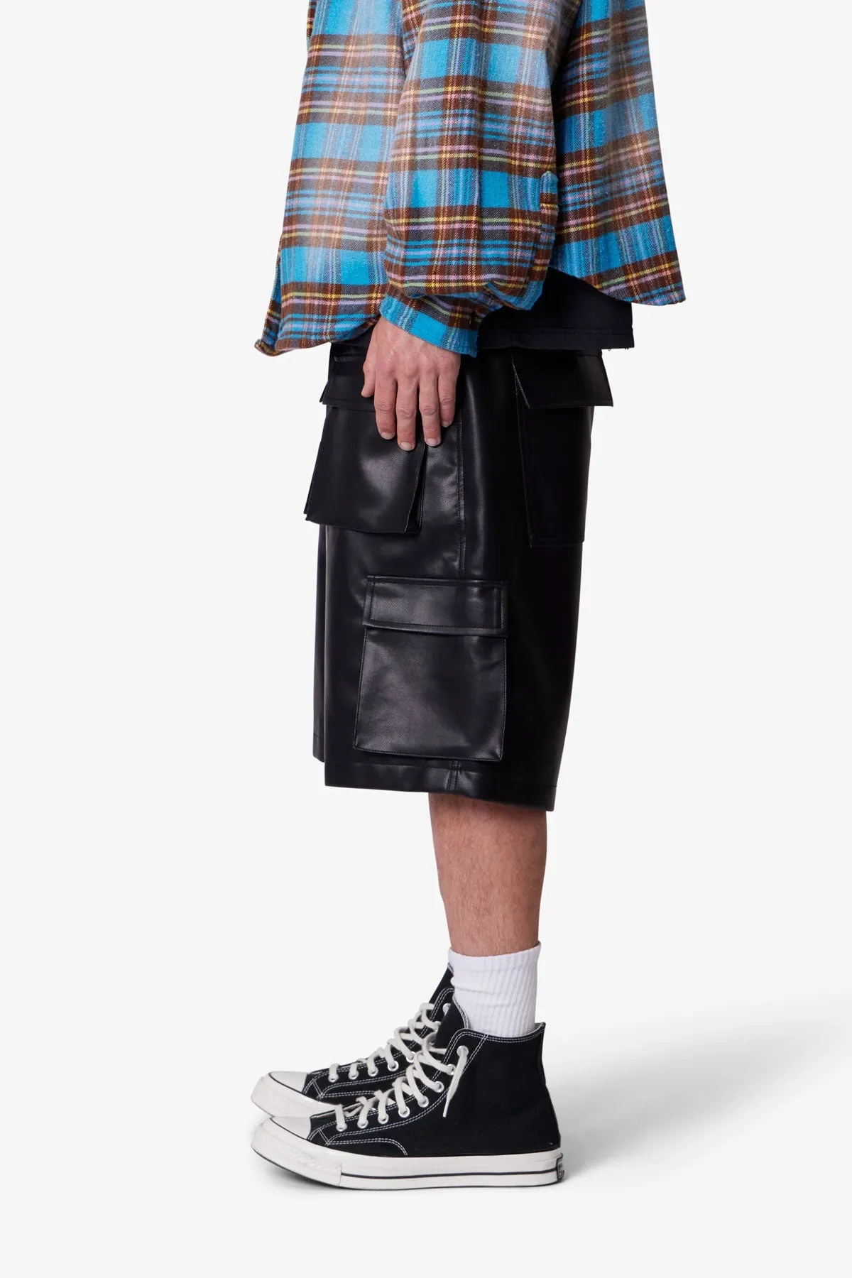 Baggy Leather Cargo Shorts - Black sold by MNML product image thumbnail 4