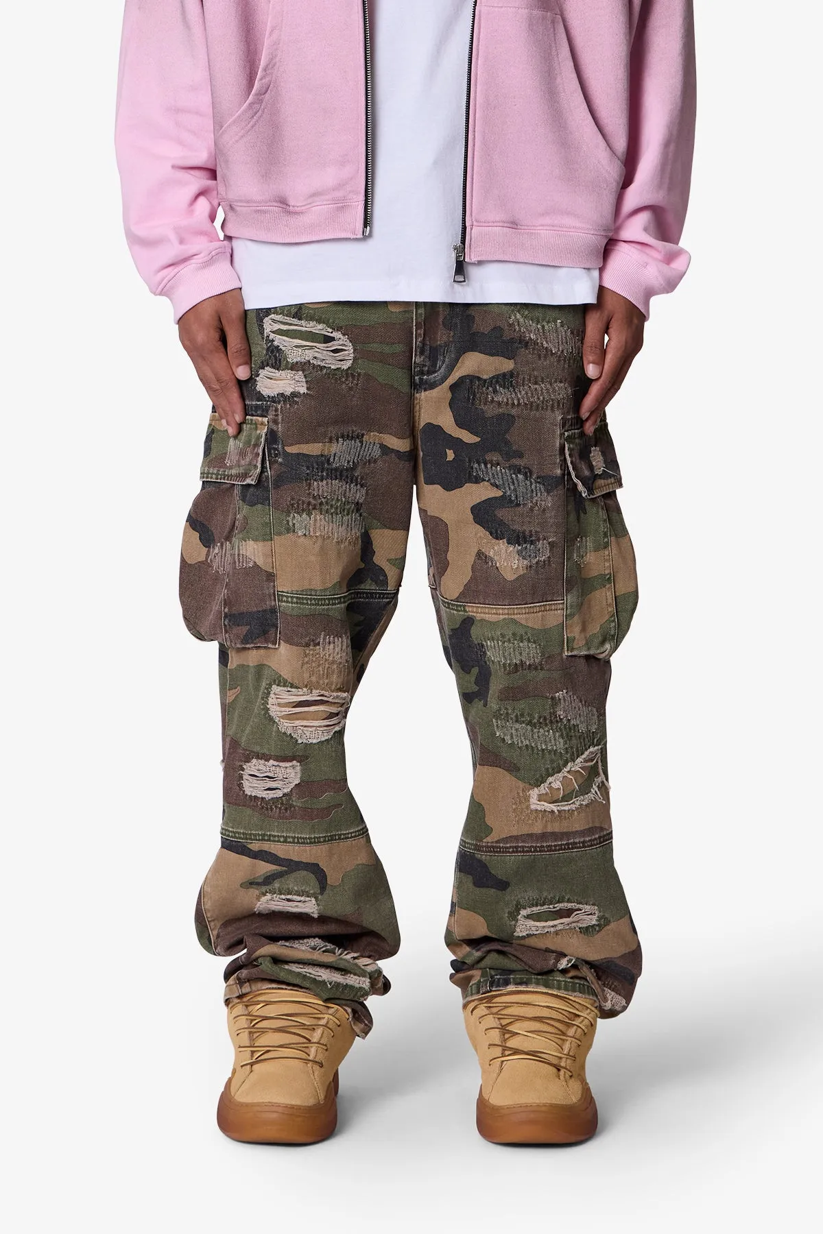 Ultra Baggy Distressed Cargo Pants - Woodland Camo sold by MNML