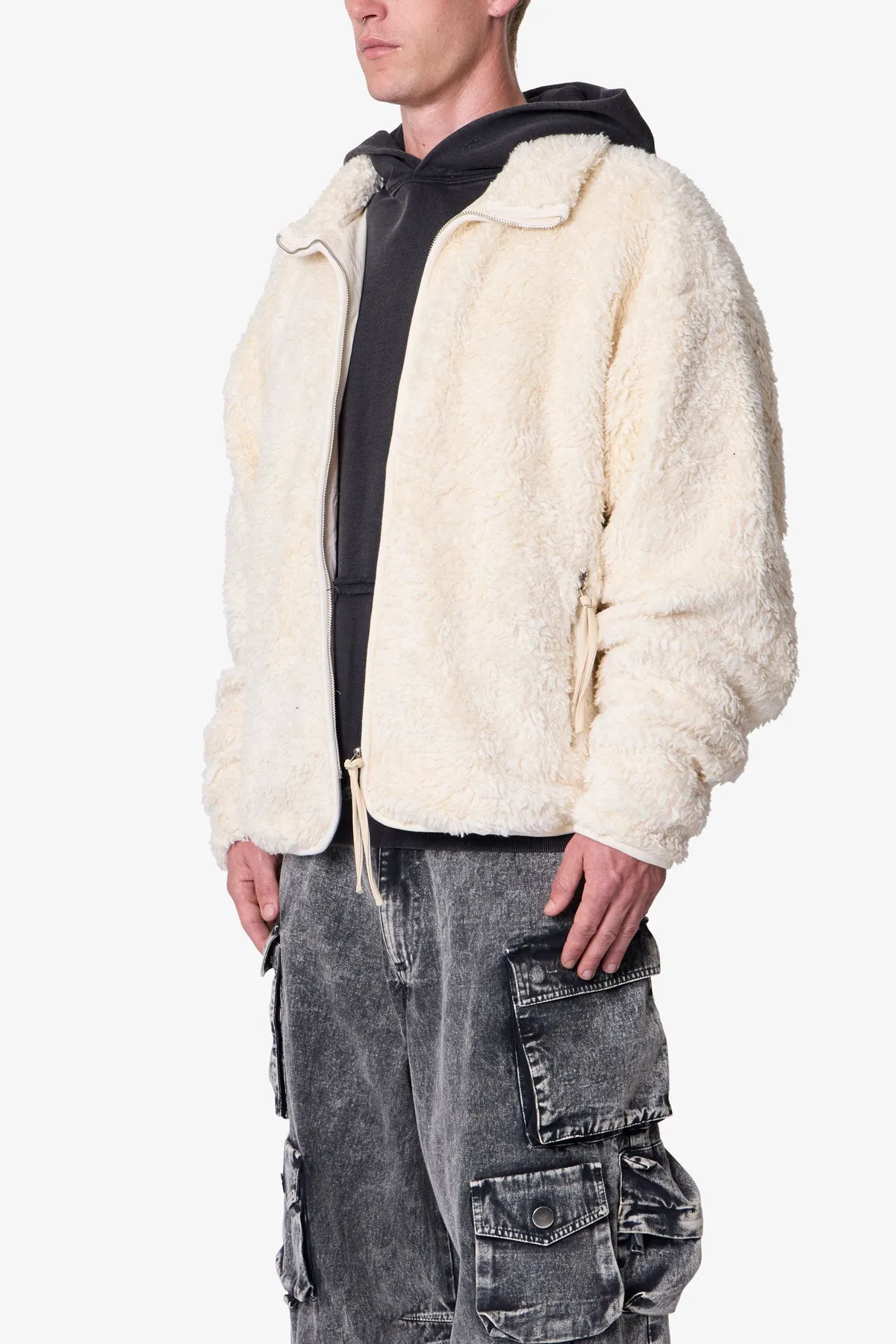 Leather Trim Sherpa Zip Up Jacket - Off White sold by MNML product image thumbnail 3