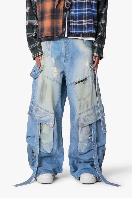 Washed Strapped Rave Denim - Washed Blue sold by MNML