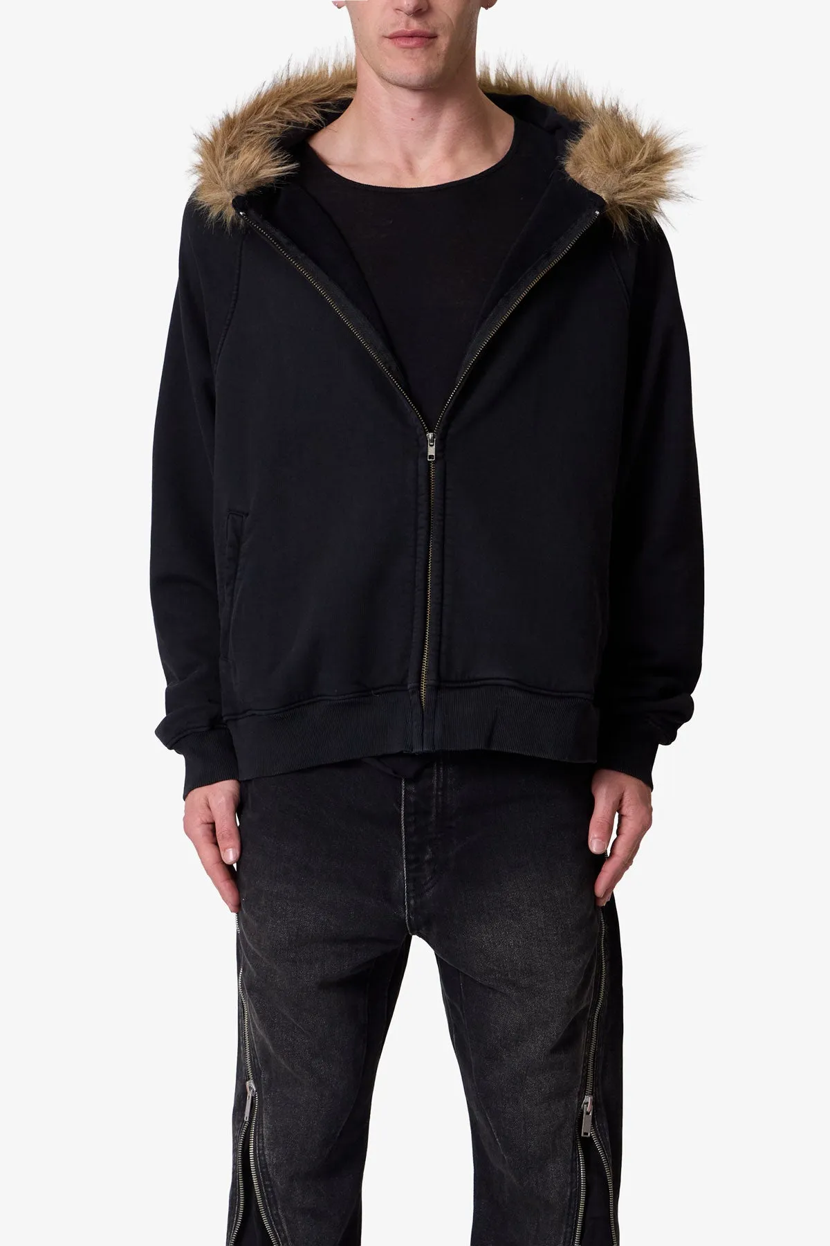 Fur Zip Up Hoodie - Washed Black sold by MNML