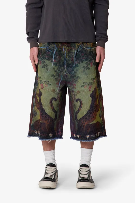 Ultra Baggy Leopard Denim Shorts - Multi sold by MNML