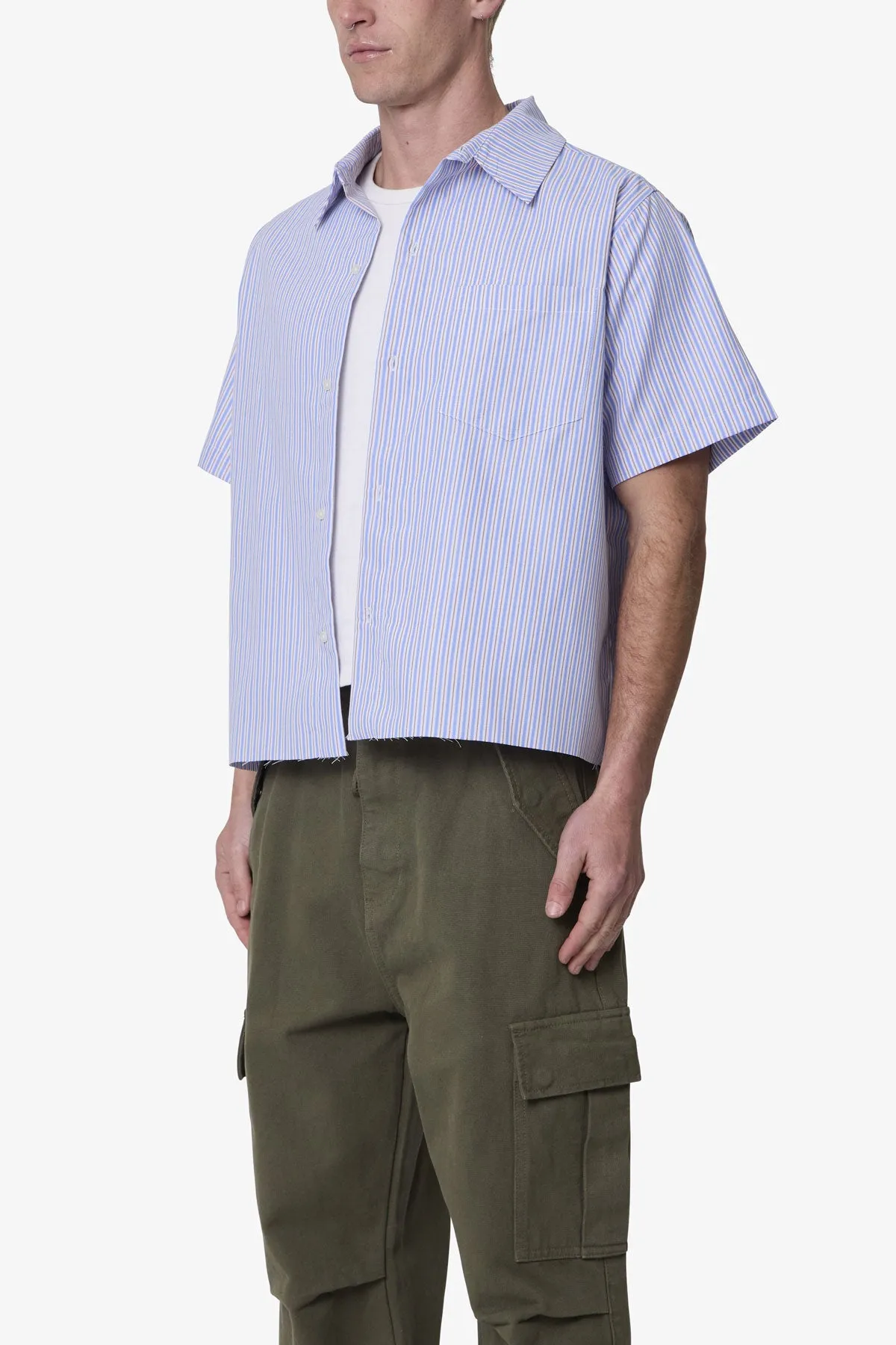 Striped Poplin Cropped S/S Shirt - Blue sold by MNML product image thumbnail 3