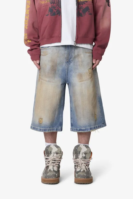 Ultra Baggy Dirty Denim Shorts - Washed Blue sold by MNML