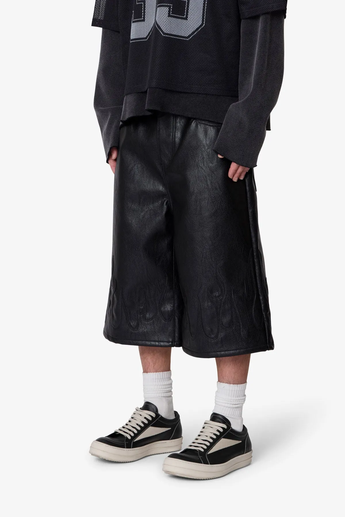 Ultra Baggy Leather Flame Shorts - Black sold by MNML product image thumbnail 3