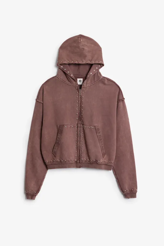 Studded Ruffle Zip Up Hoodie - Washed Brown made by MNML