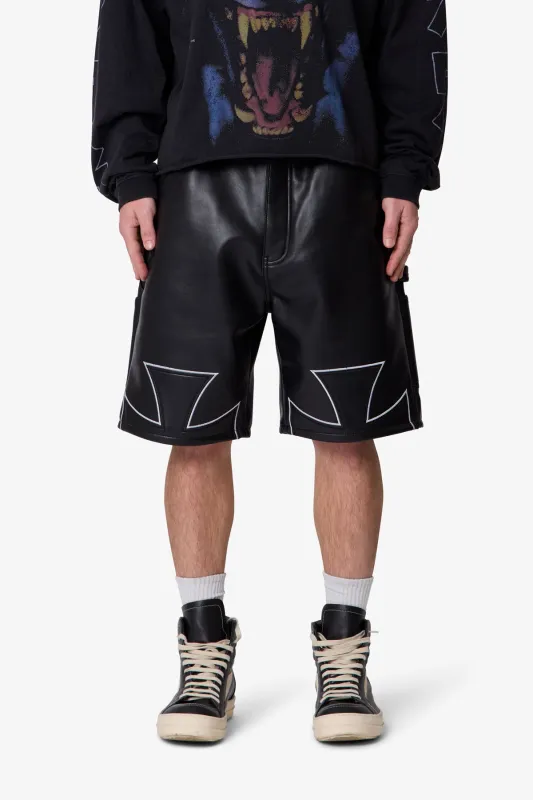 Baggy Iron Cross Leather Shorts - Black made by MNML