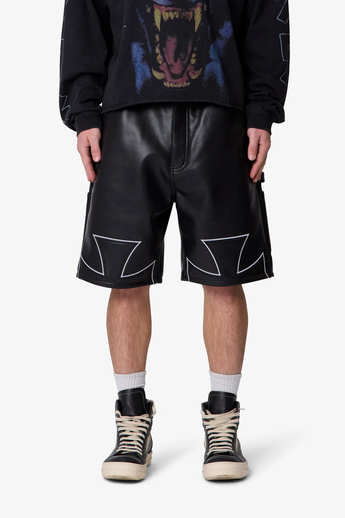 Baggy Iron Cross Leather Shorts - Black sold by MNML