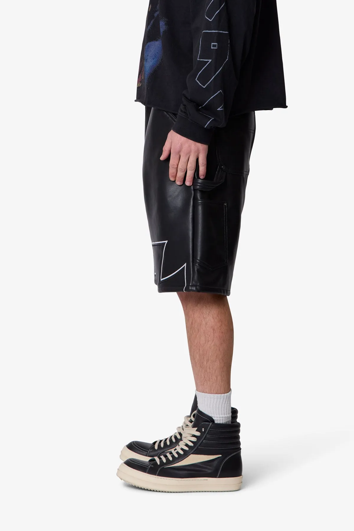 Baggy Iron Cross Leather Shorts - Black sold by MNML product image thumbnail 4