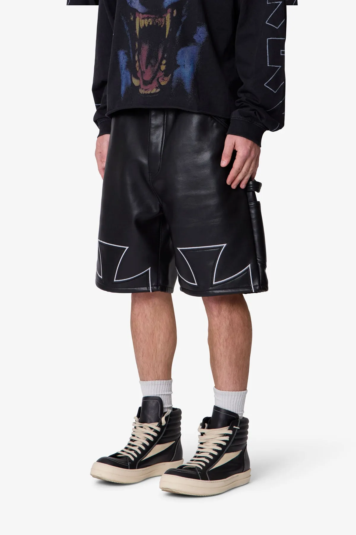 Baggy Iron Cross Leather Shorts - Black sold by MNML product image thumbnail 3