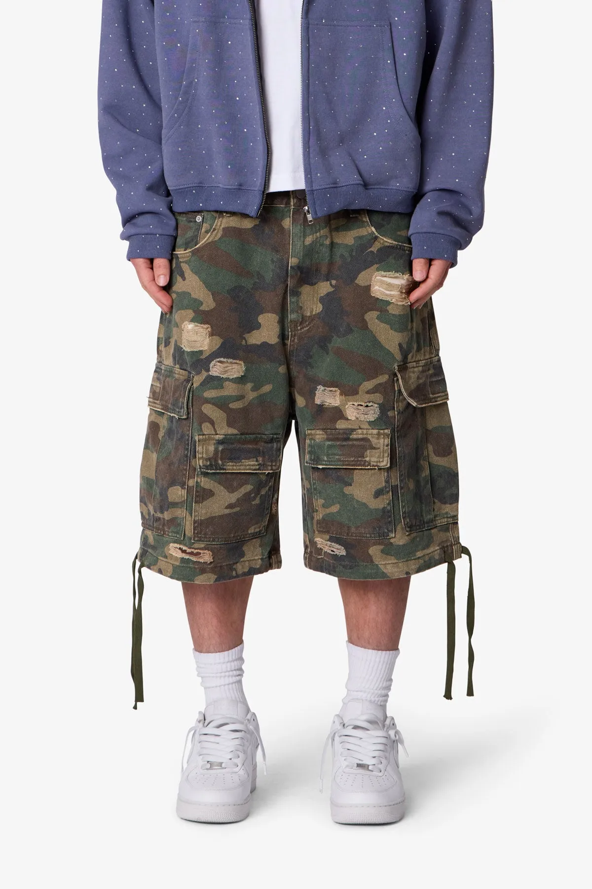 Distressed Baggy Cargo Shorts - Camo sold by MNML