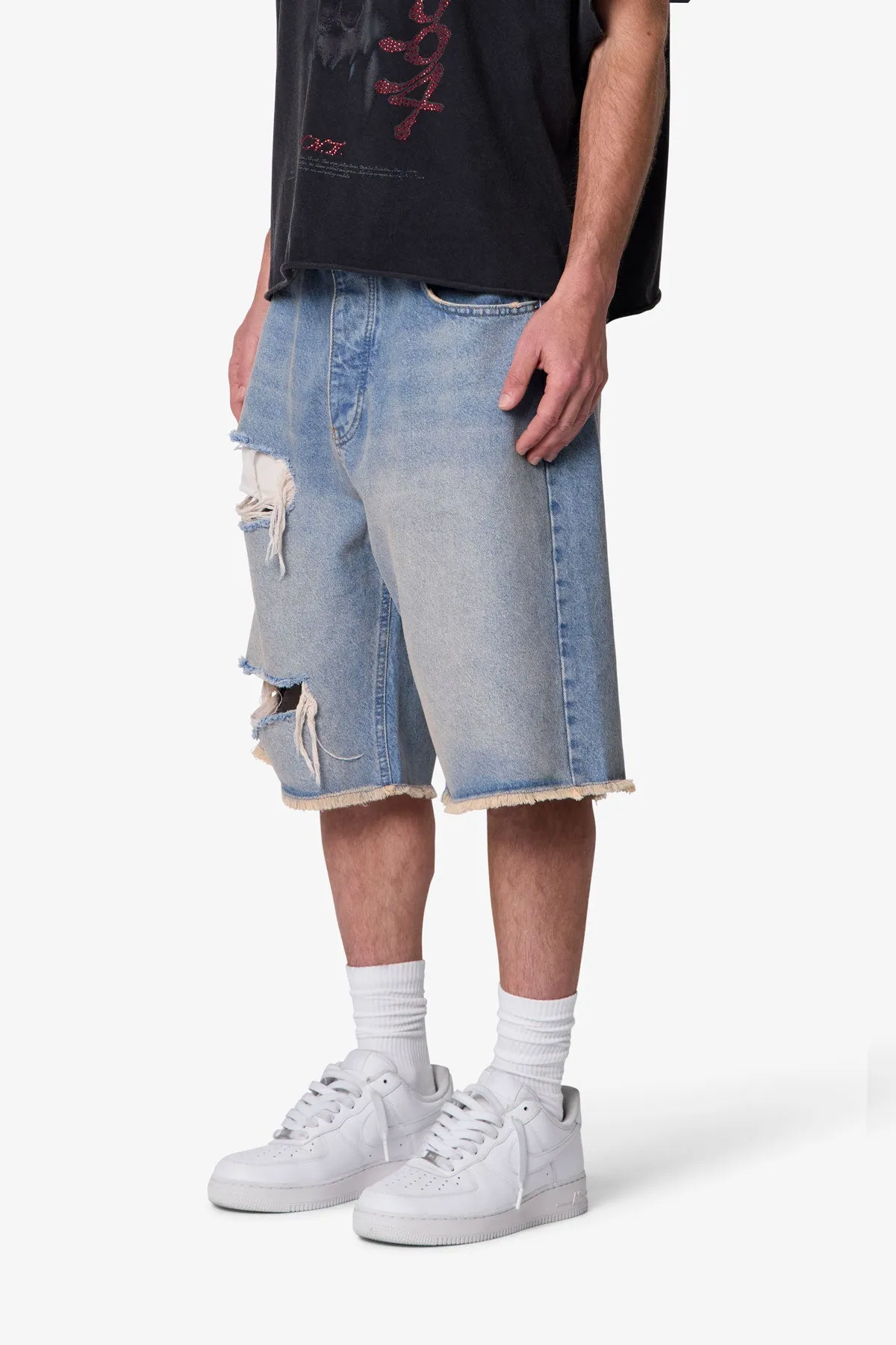 Baggy Distressed Denim Shorts - Light Blue sold by MNML product image thumbnail 3