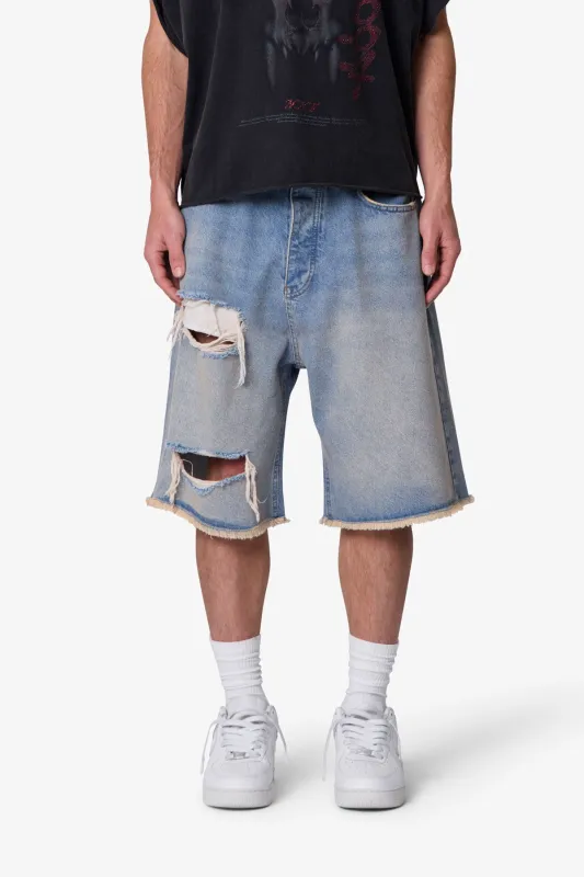 Baggy Distressed Denim Shorts - Light Blue made by MNML