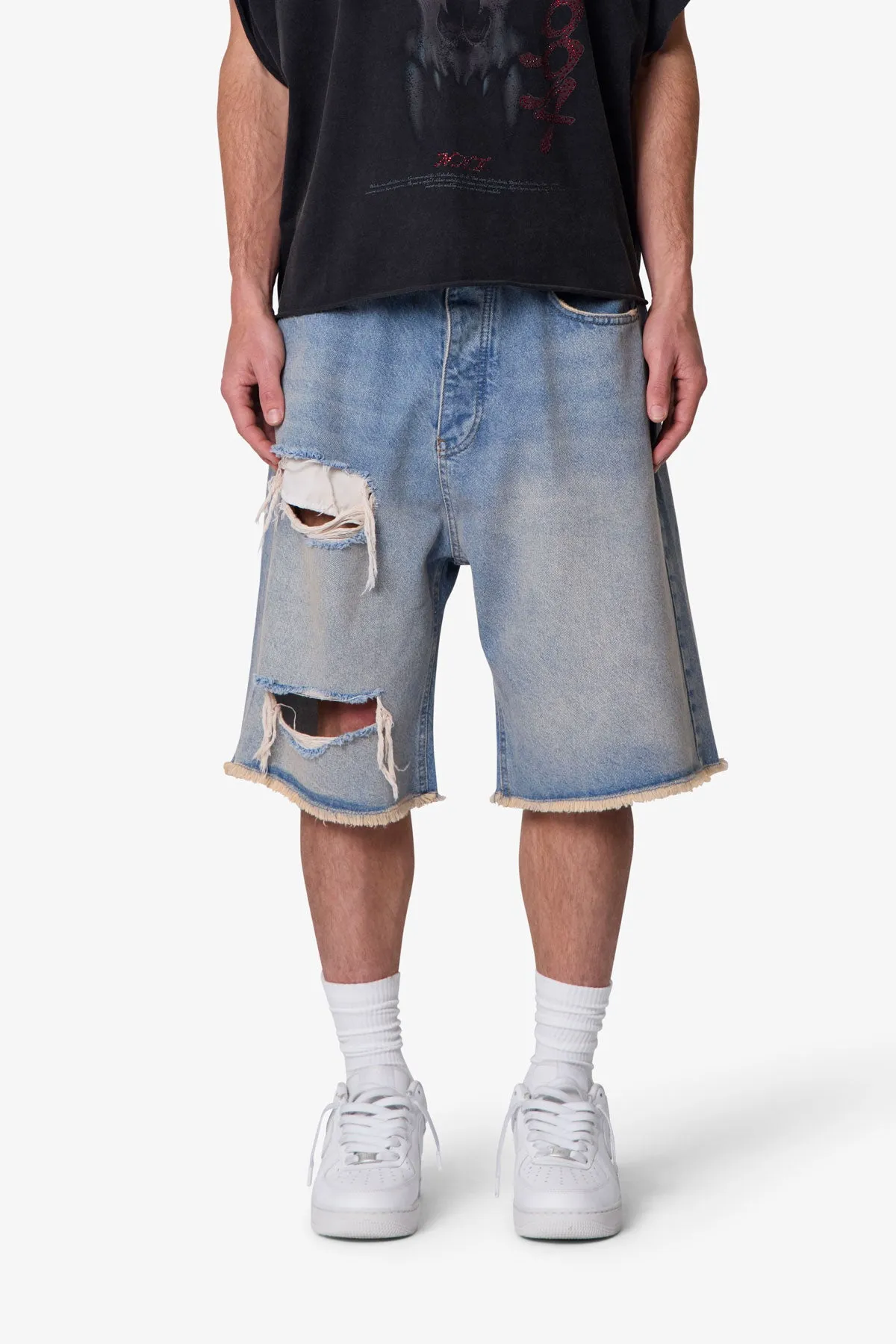 Baggy Distressed Denim Shorts - Light Blue sold by MNML product image thumbnail 2