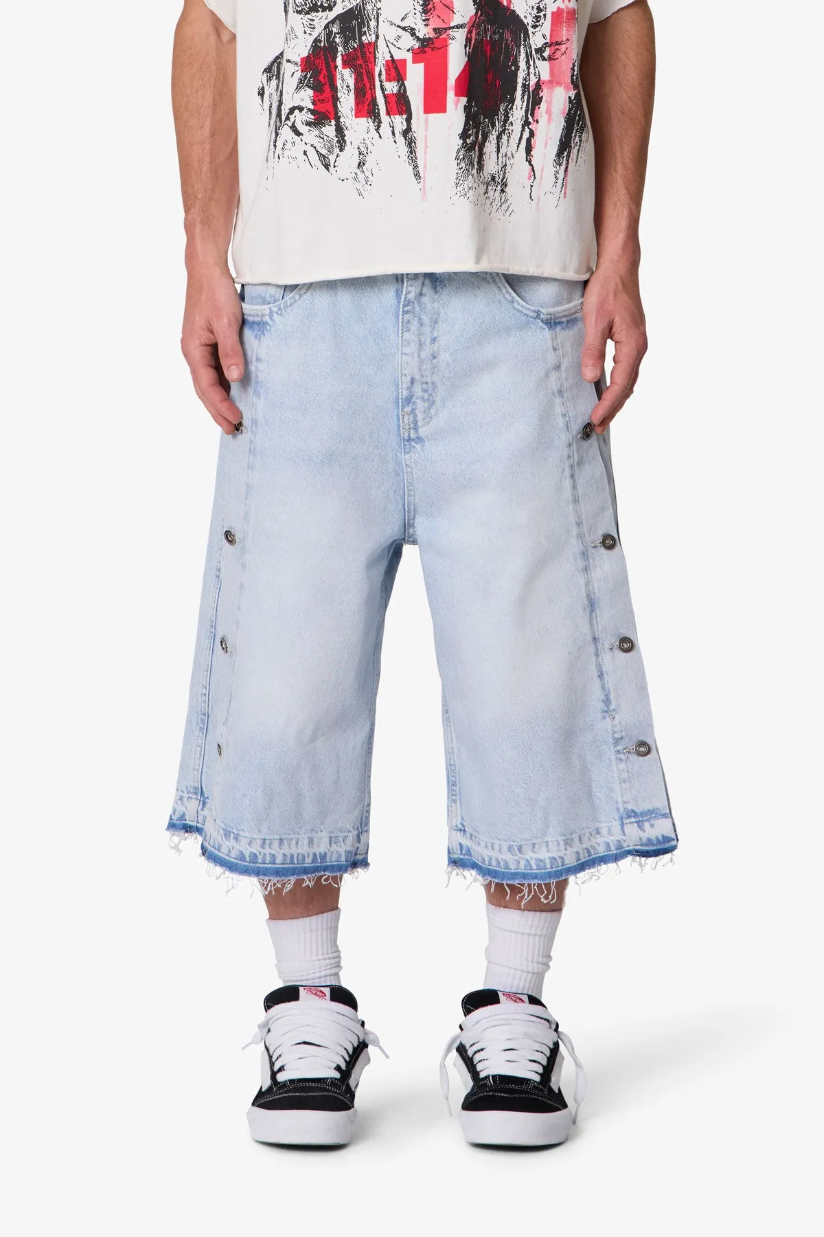 Ultra Baggy Offset Button Denim Shorts - Light Blue sold by MNML