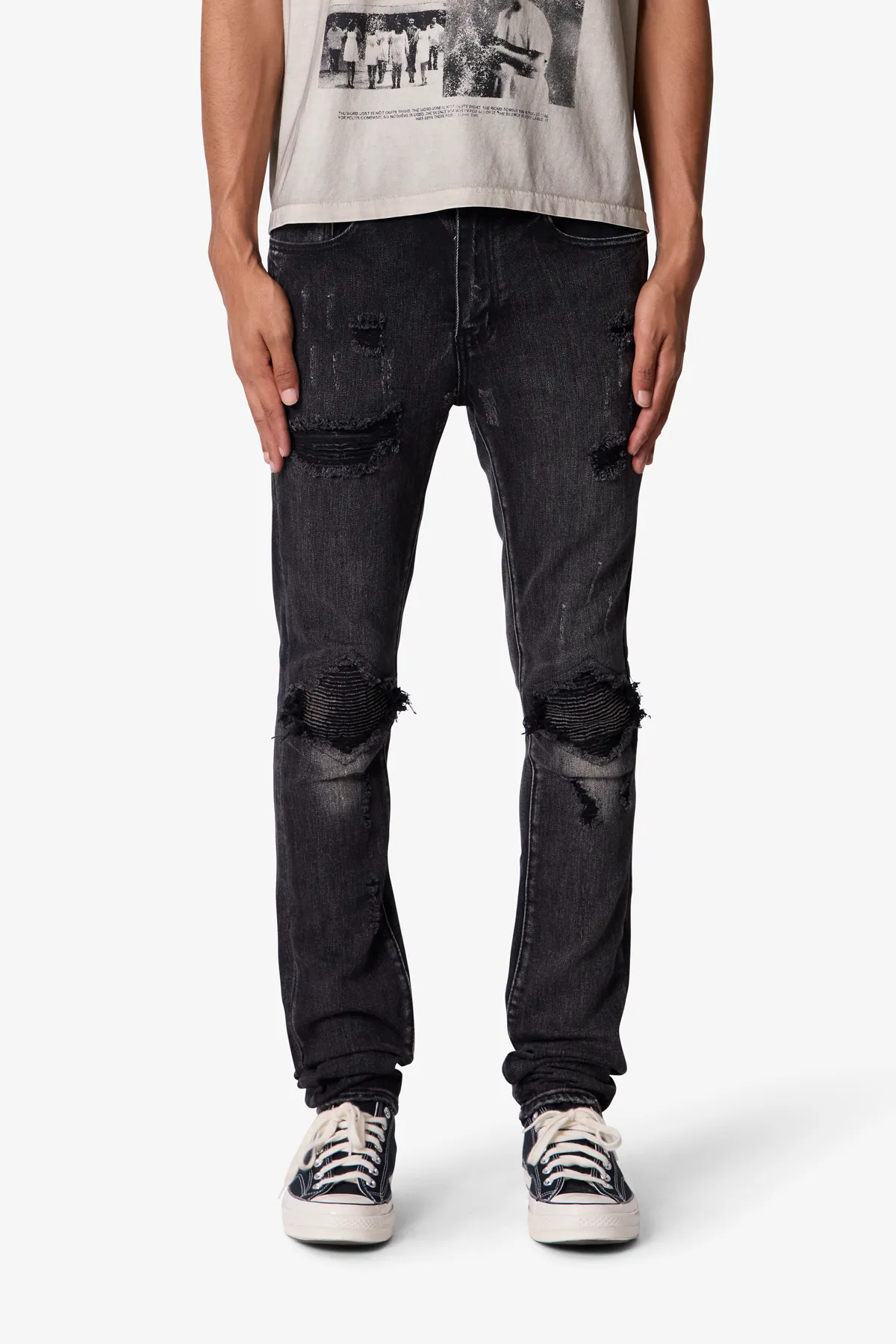 Skinny Distressed Moto Denim - Black sold by MNML