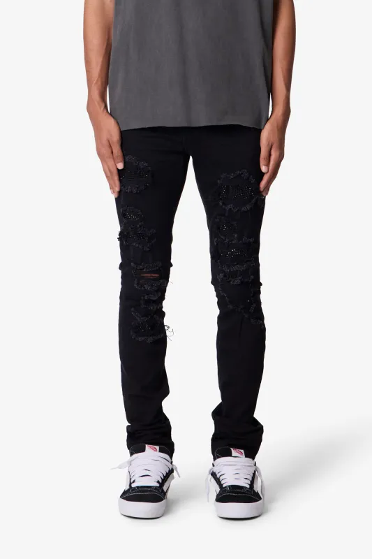Skinny Distressed Rhinestone Denim - Black made by MNML