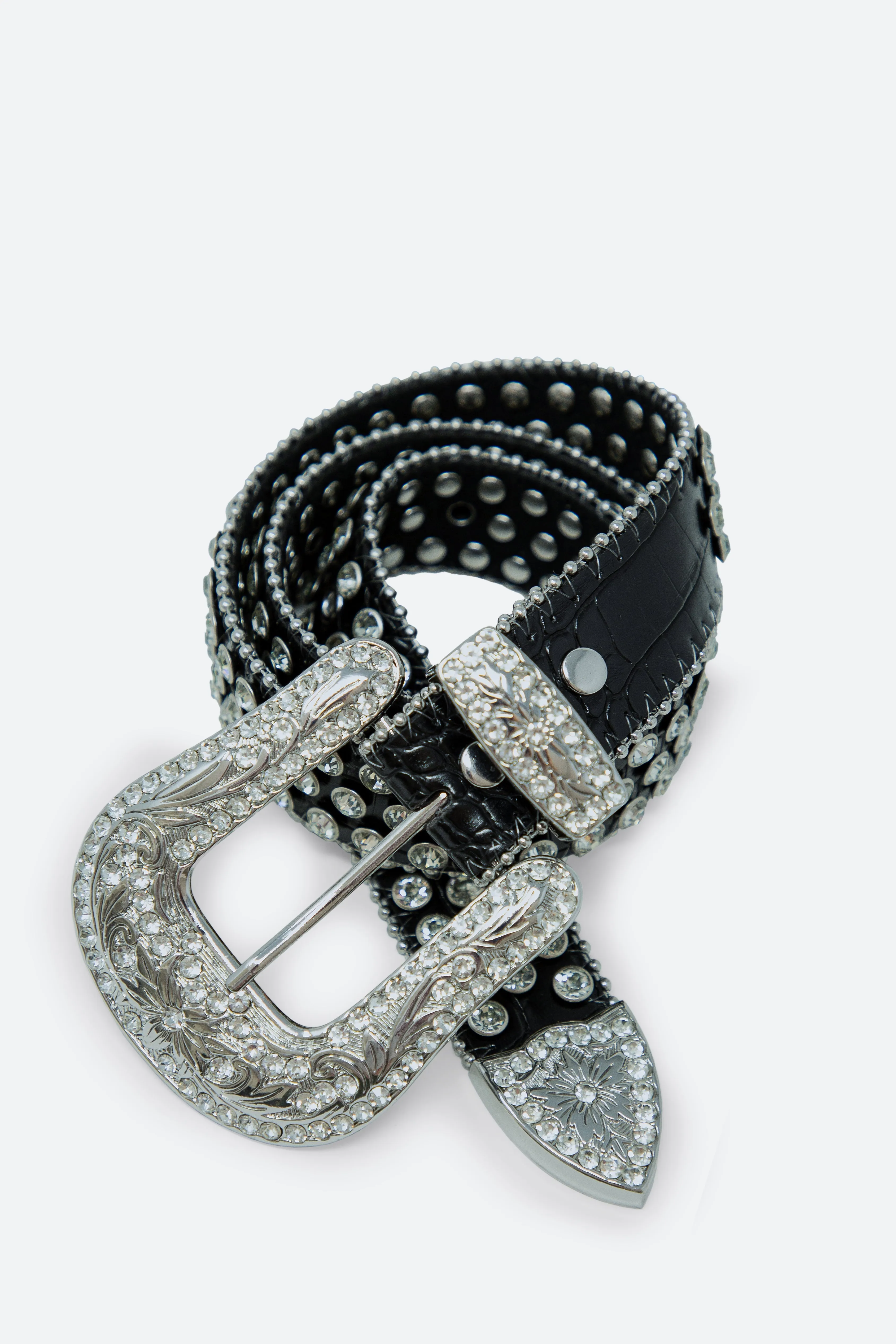 Allover Rhinestone Studded Belt - Black sold by MNML