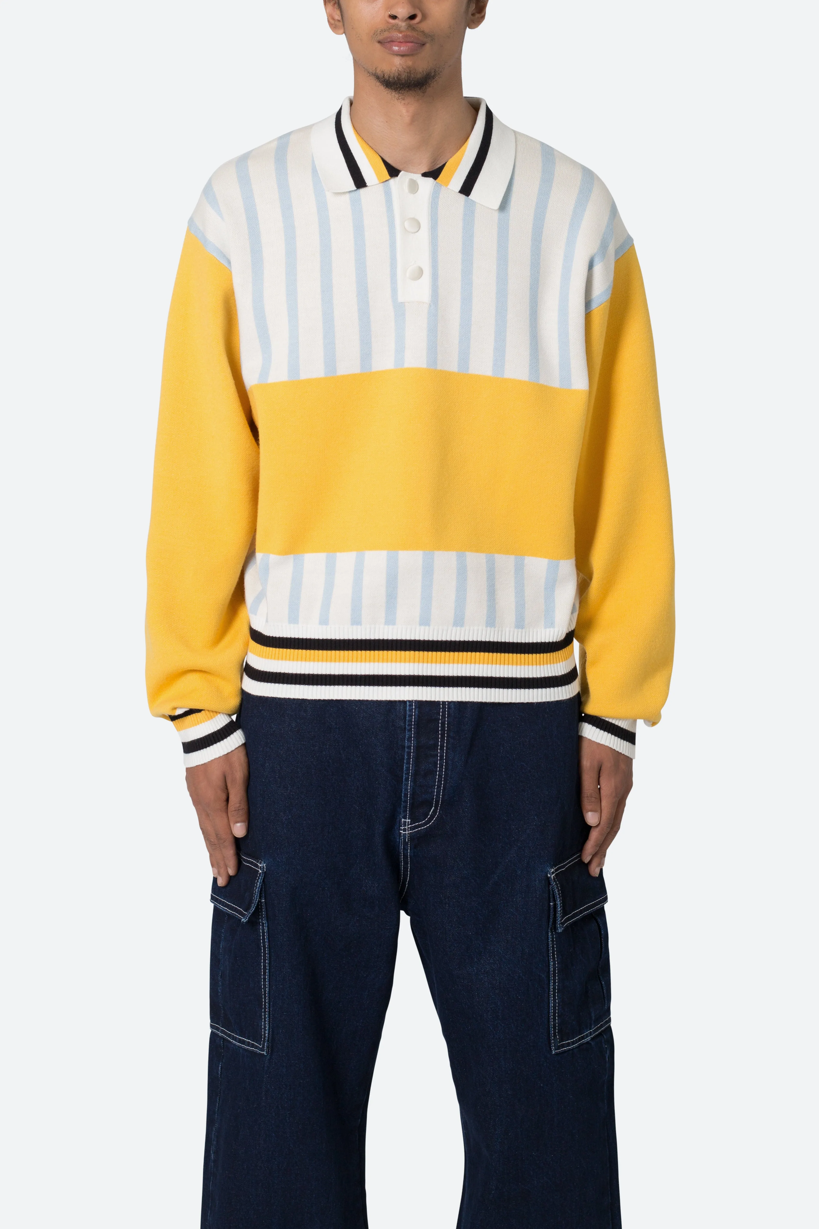 Knit Stripe L/S Polo - Blue/Yellow sold by MNML