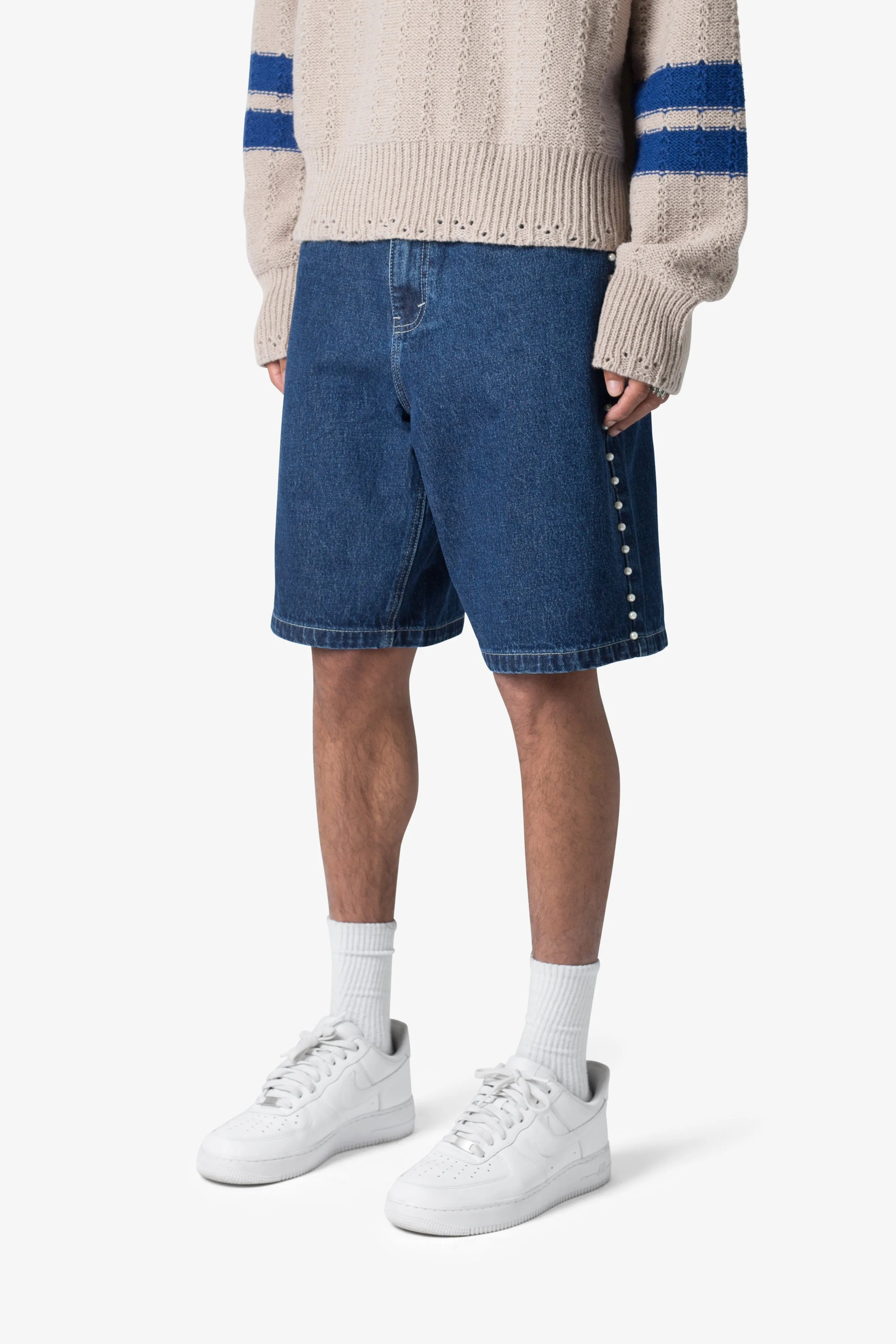 Studded Pearl Denim Shorts - Blue sold by MNML product image thumbnail 4