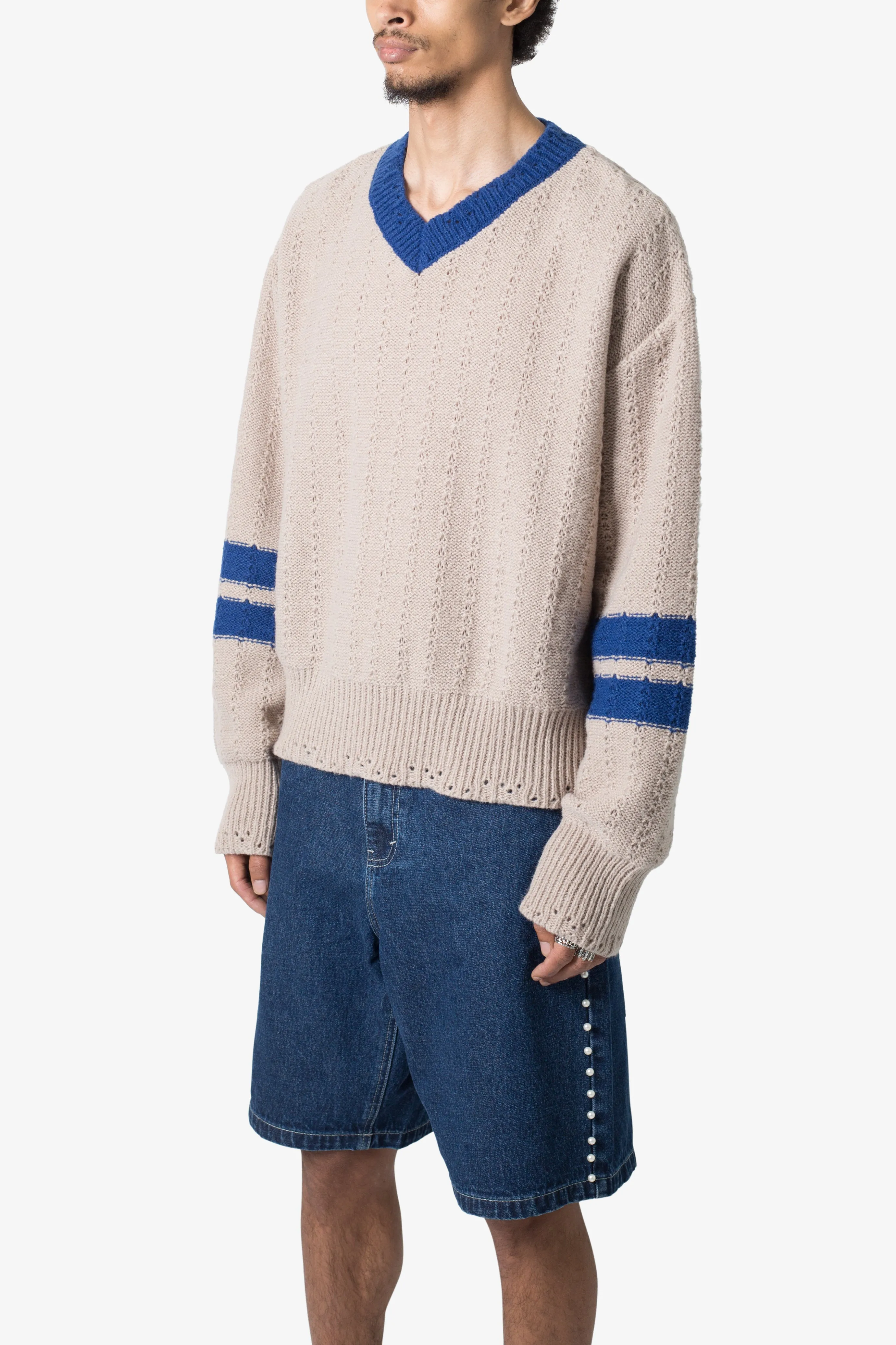 Varsity V Neck Sweater - Off White/Blue sold by MNML product image thumbnail 3
